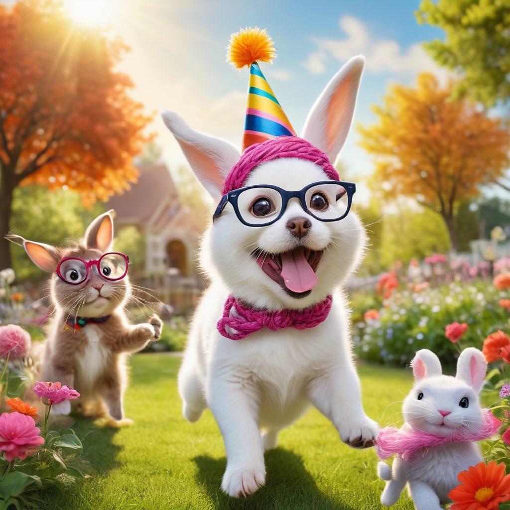 A whimsical scene featuring a variety of playful pets in amusing poses, like a dog wearing oversized glasses, a cat playfully tangled in yarn, and a rabbit hopping with a tiny party hat. Bright colors and cartoonish expressions emphasize the joy and laughter that these furry companions bring. The background is a sunny park setting with blooming flowers and a cheerful sky. vibrant colors. cartoon style. whimsical.
