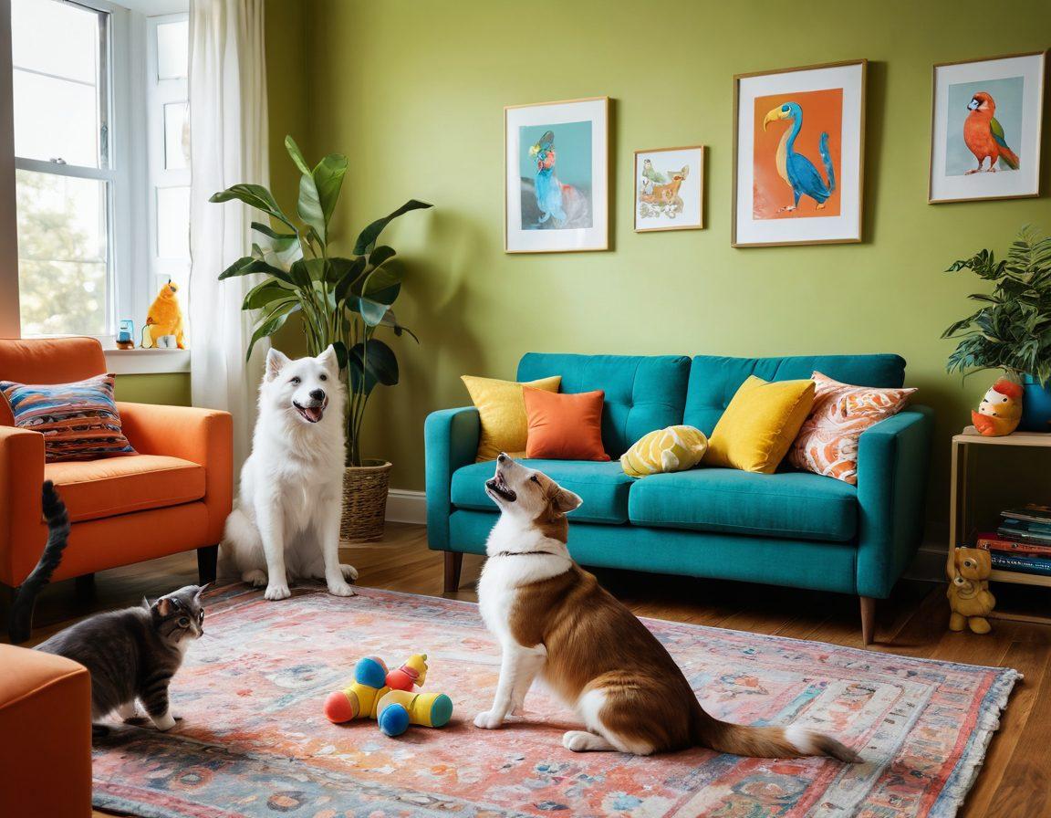 A playful scene showcasing various pets engaging in humorous antics, such as a dog playfully tugging on a cat's tail, a parrot mimicking laughter, and a mischievous ferret stealing a toy. The background features a vibrant living room filled with colorful pet toys and cozy furniture, evoking a warm and lively atmosphere. The pets should have exaggerated, cartoonish expressions to highlight their playful nature. cartoon style. bright colors. engaging composition.