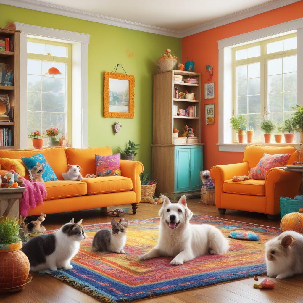 A lively scene featuring various furry pets such as dogs, cats, and rabbits engaging in playful antics, with bright colors and joyful expressions. In the background, whimsical elements like flying toys and scattered treats add to the atmosphere of fun. The setting should be warm and inviting, perhaps in a cozy living room or a sunny garden. super-realistic. vibrant colors. cheerful, playful style.